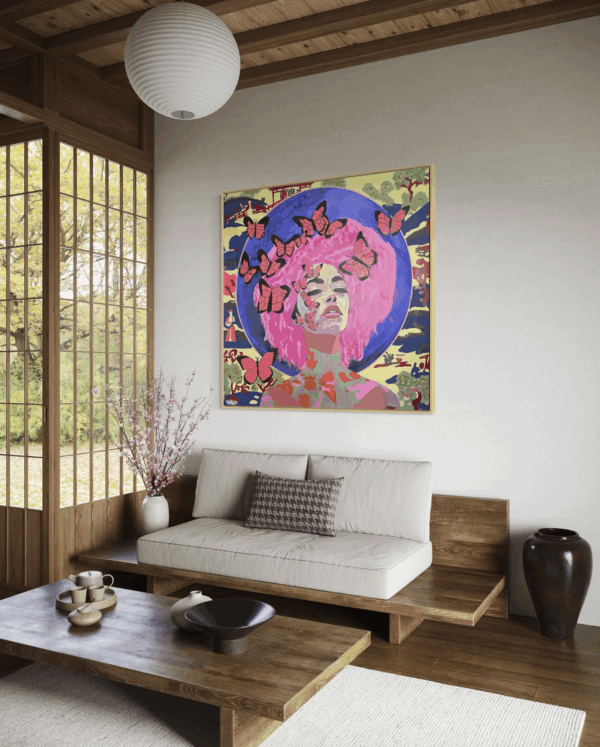 Artwork by Henrix showing a pink‑haired woman with an electric‑blue halo surrounded by butterflies.
